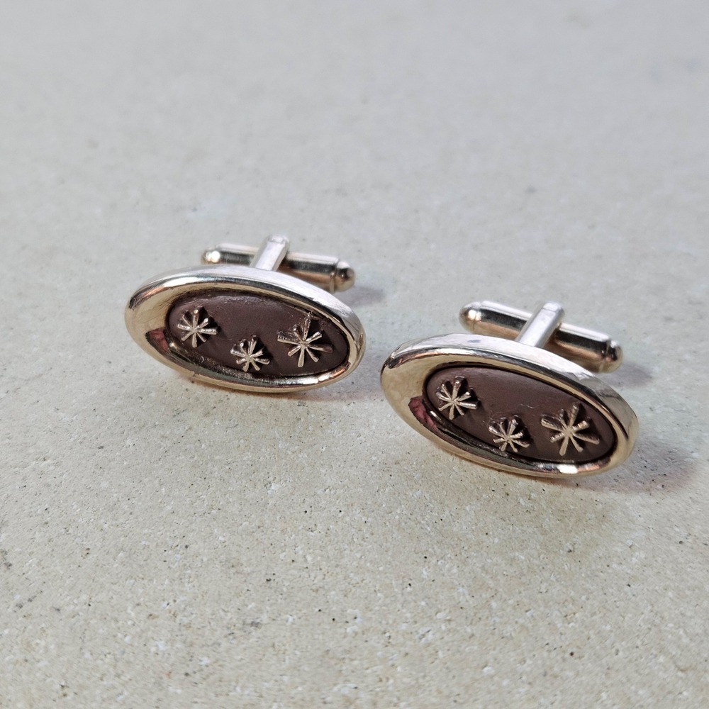 Vtg 50s Mid Century Modern Atomic Starburst Cufflinks‎ Gold Tone Brown Oval MCM